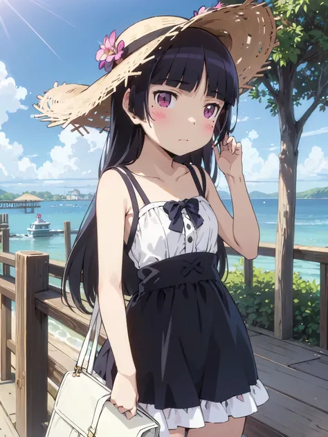 (Summer pier), ((ruri gokou)), Long Hair, blush, Black Hair, One girl, pants, Mole, Mole under eye, straw hat, sundress, dress, white dress, Small bag, Under the blue sky and white clouds、静かなSummer pier