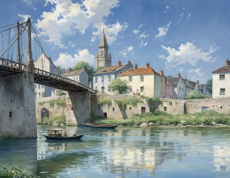 ### Caption: A calm river scene with a bridge crossing it, Houses lined up along the coast々, And a boat floating gently on the water, All under a bright blue sky dotted with fluffy white clouds. The atmosphere is calm and quiet, Illuminated by natural ligh...