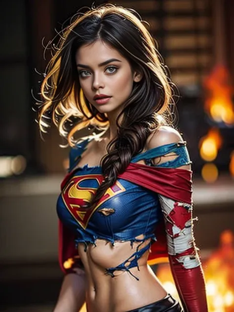 hyper realistic, 1woman, beautiful 30 year old woman wearing a skimpy scandalous two-piece supergirl cosplay costume, fully char...