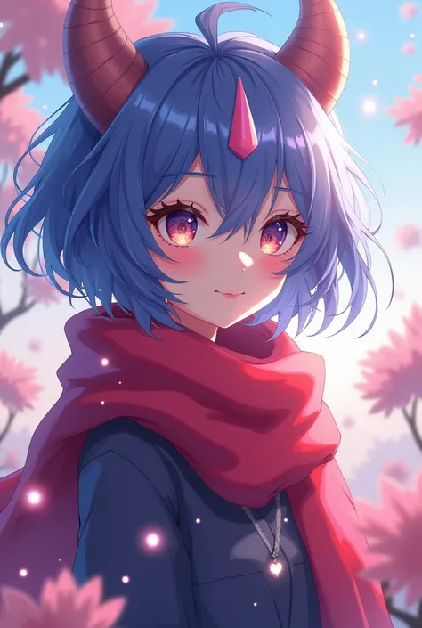 anime girl short hair with horn wearing red scarf