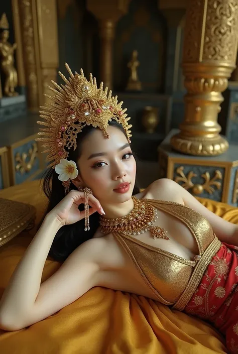 bad quality. pale white skin CUSHIONED breasts Woman with large gold singgar head luxurious singgar typical of Java. beautiful goddess face. In the ear there is a beautiful flower, bright white skin. Lying prone on a luxurious golden bed in a marble room w...