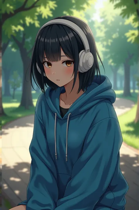 a girl with black hair, white test, dark brown eyes, a blue hoodie and white headphones sitting in the park