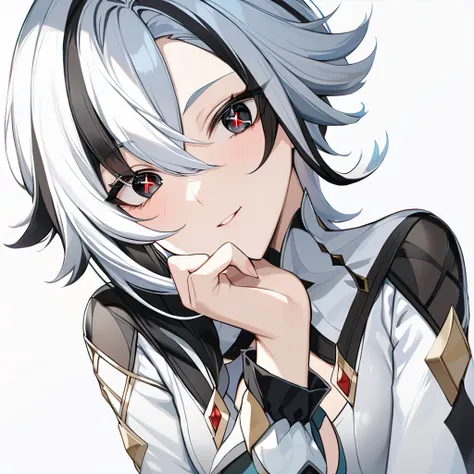 harlequin_(genshin_impact), ,x-shaped pupils,black eyes,red pupils,long_sleeves,(White background)、Are standing、Glowing Eyes、(masterpiece、Highest quality)、Detailed depiction、Perfect lighting、Glossy skin、Open Eyes、Sparkling Eyes、Beautiful Eyes、White blouse、...