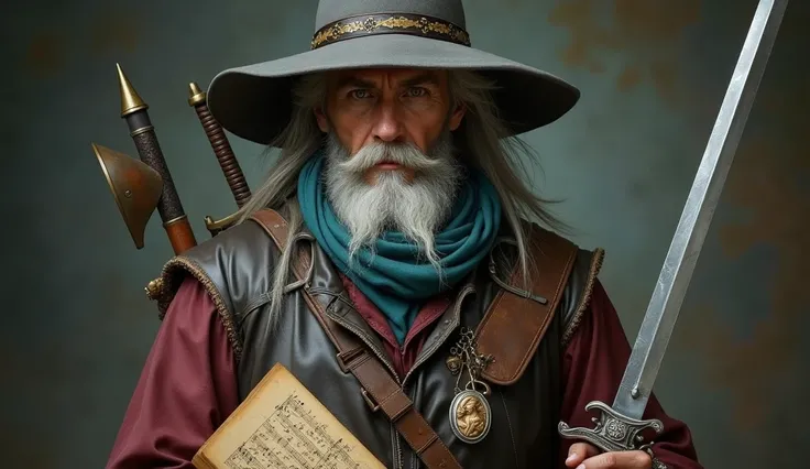 Fantasy and adventure. Real frontal image of a veteran male half-elf Bard and swordsman. Long gray hair reaching a hand&#39;s length from the shoulders. On his head a grey hat with a wide brim. Mysterious and intriguing gesture. Thick grayish beard. He wea...