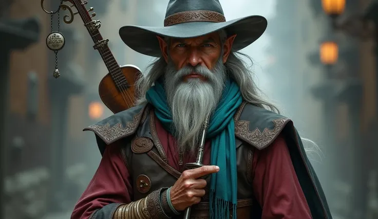 Fantasy and adventure. Real frontal image of a veteran male half-elf Bard and swordsman. Long gray hair reaching a hand&#39;s length from the shoulders. On his head a grey hat with a wide brim. Mysterious and intriguing gesture. Thick grayish beard. He wea...