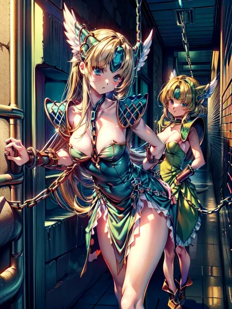 (masterpiece, Highest quality:1.2), Cowboy Shot, alone, one person, Riesz,  View your viewers,, Long hair tied low, Winged Helmet,green dress, armor, shoulder armor, Bridal Gauntlet, Cleavage,(In a prison with iron bars:1.4),(The whole body is restrained w...