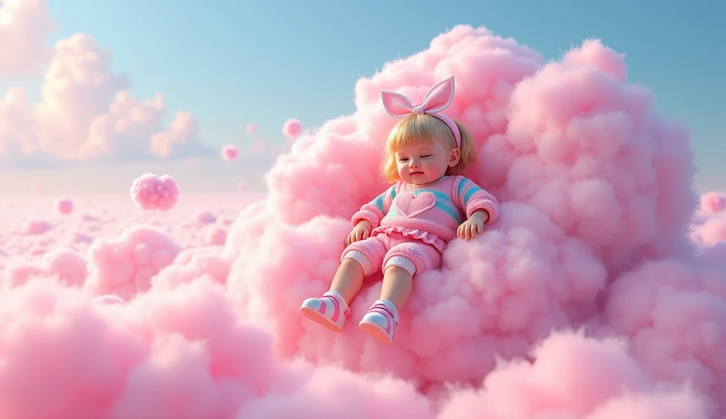 a cute girl in colorful and pop candy-made clothes, lying on a large pink cotton cloud floating in the pink sky, extremely detailed, (best quality,4k,8k,highres,masterpiece:1.2),ultra-detailed,(realistic,photorealistic,photo-realistic:1.37),HDR,UHD,studio ...