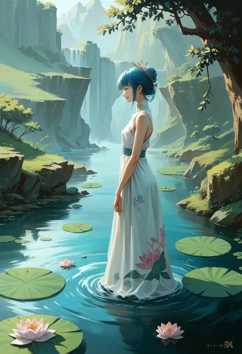 ((4k,masterpiece,best quality)), shuimobysim, Chinese painting, lotus, hanfu, maxiskit, dress open, swf 1girl, solo, long blue hair, smile, standing, feet in the water, barefoot,