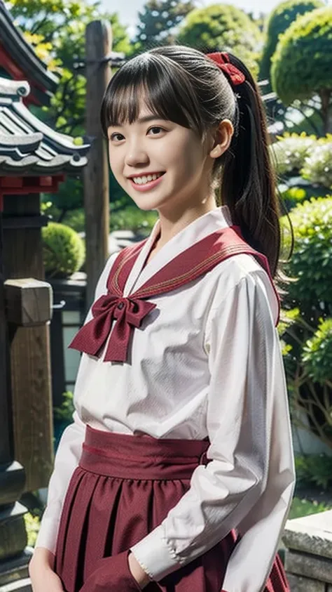 Two girls at an old Japanese shrine,Dark red and white sailor suit and dark red high-waisted skirt,Small ribbon bow in hair,1,bangs,Smile a little,Thighs,ponytail,Shortcuts,From below