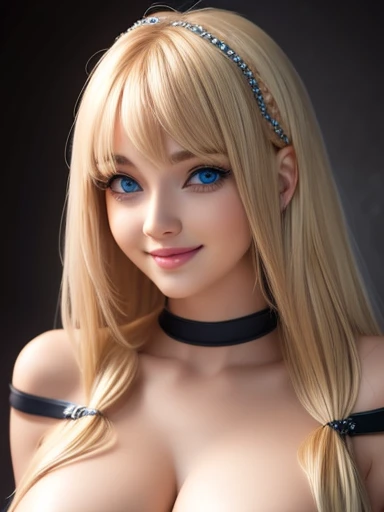 Beautiful girl long blonde hair with bangs blue eyes white skin black eyeliner, Detailed face, plump and pink lips, flirtatious smile, big heavy bust slender body nsfw, looking at the viewer impressive bare shoulders. 