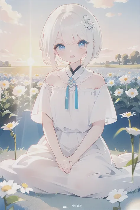 human girl。white hair, bob, blue eyes。sitting in a flower field。white simple dress。shy laugh。flower hair ornaments。sun backlight...