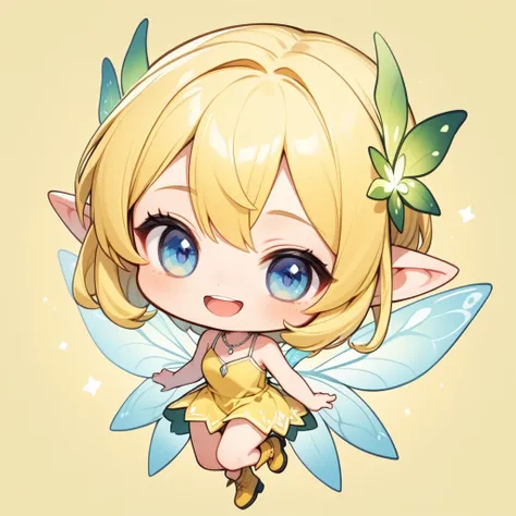 1 fairy elven girl, chibi, solo, full body, blonde pixie cut, blue eyes. drooping thin pointed ears, smile with open mouth, half...