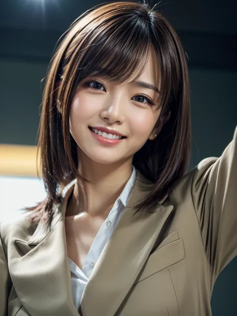 Highest quality, Realistic, Very detailed, finely, High resolution, 8k, Cinema Lighting, 1 person, Beautiful Japanese Women, 30 years old, light brown straight bob hair, Wear a business suit, (Blurred Background, office, noon, Light of the sun), Sharp focu...