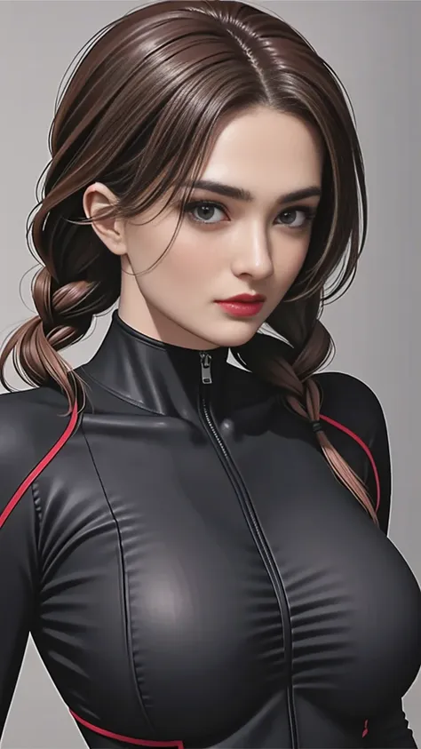 (masterpiece:1.1), (top quality:1.1), Whole body, short hair, good anatomy, lock of hair, (1 girl:1.2), (detailed face and eyes:1.25), long scarlet hair, Two thick braids,Brown eyes, facilitates ,( skintight suit), big breasts,split:1.2), blush, I&#39;m lo...