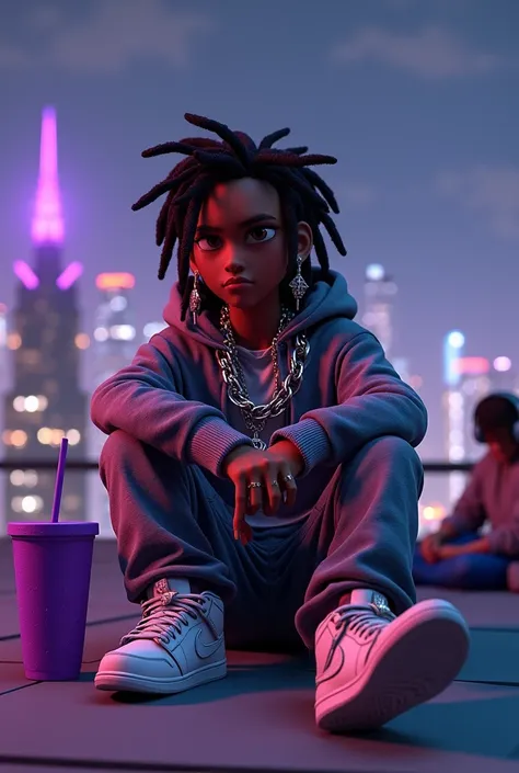 Intricately patterned hoodie、Sweat pants、Air Jordan-like sneakers、Wearing dark and fashionable streetwear、Sitting on the roof at night、Create stylized 3D animated characters。The character has medium length dreadlocks.、With a serious expression、Several larg...