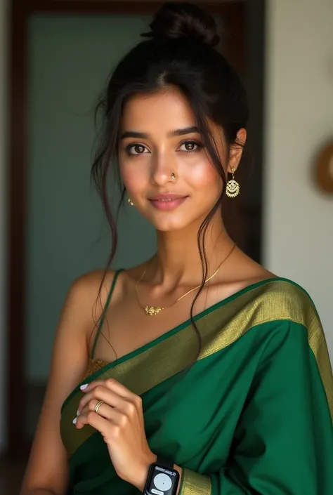 Girl in green silk saree, spaghetti strip blouse, messy bun, simple stud, no necklace, smart watch on hand, function background, face front 