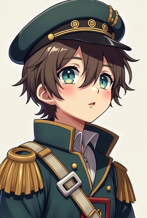 Character for rpg, Youngh, masculine, with mechanical spleen, a compact telescope one of the eyes, his typical outfit of a toy soldier and a beret, your age between 20 to 2, hair brunette, blue colored eyes. 