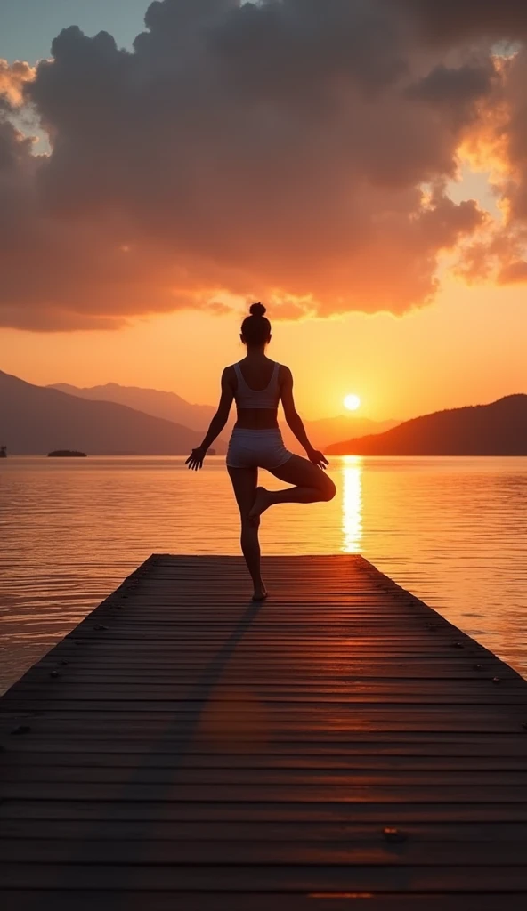 Backlight, summer long pier on great lake, shapely silhouette of a young athletic woman, yoga meditator, Sunset, coloured clouds from the last rays of the sun, dramatic, Light and shadow, chiaroscuro, Emphasized contours, maintaining the golden ratio of th...