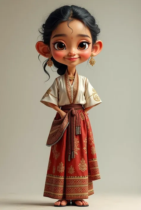 make ,a realistic full body shot, ,caricature ,with oversize big head,of indonesian woman, with nice smile,wearing traditional balinese dress. This masterpiece captures the essence of the era, radiating nostalgia.,simple background.high detail