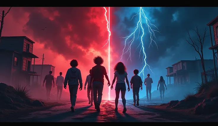 A dynamic and intense Stranger Things-themed thumbnail showing two split scenes. On one side, a dramatic portrayal of Hawkins being attacked by dark forces, with crumbling buildings, dark clouds, and ominous red lightning striking the town. On the other si...