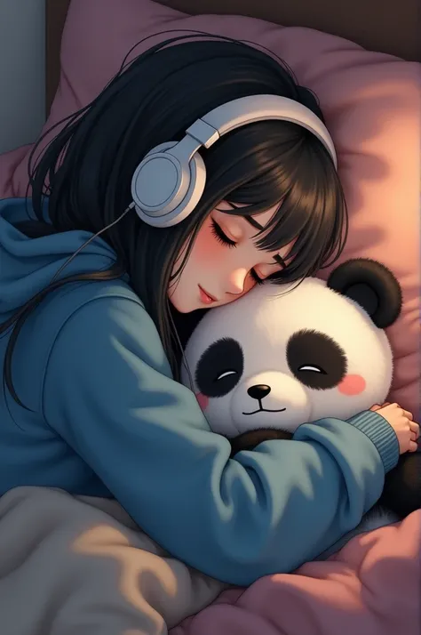 A girl with long black hair, white test, dark brown eyes, A blue hoodie and white headphones sleeping while hugging a Pixar-style panda stuffed animal