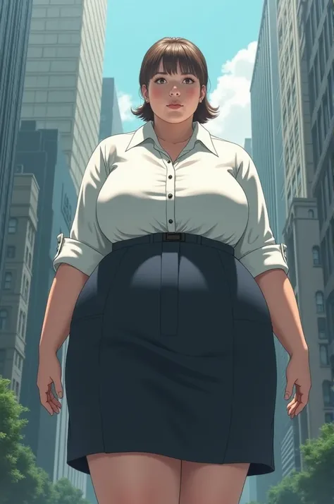 der riese、Giant、Woman taller than the building、Realistic、Writing,white  shirt、Collared shirt、wearing a shirts、White cutter shirt、Shirt buttons are snapped、a black skirt、Office Suits、professional photograpy、Does not expose the skin, Japanese Models,、,The sk...