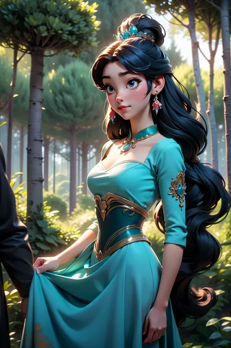 (masterpiece) 16K high resolution, forced perspective, capturing details clearly. Studio Ghibli-style scene, with a fusion of anime art style, whimsy, and impressionism. A dazzlingly beautiful princess is enchanted by the lush forest, her flowing hair in p...