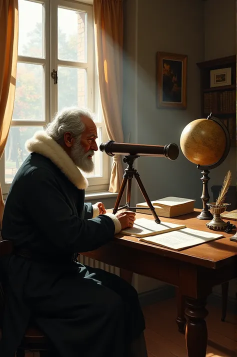 Galileo Galilei is sitting at the breakfast table, with a telescope pointed at the window.
