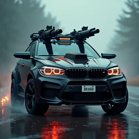 One  stunning big massive bmw x6 model carphotographed in high-resolution DSLR quality with exceptional detail. The car is a sleek matte black car with mixed white and golden details but with fully loaded and modified with attachment of heavy weaponry with...