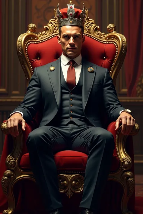 A man is He wears a suit He is sitting on acheir king crown
