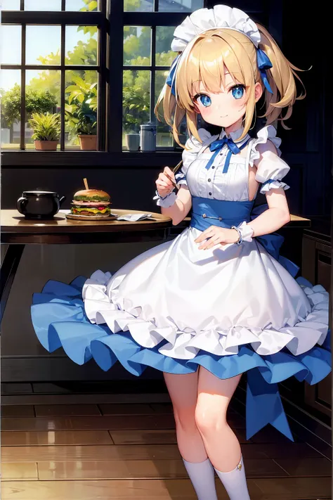 (8k, super high quality, Ultra-high resolution, masterpiece), Pineapple Burger, kitchen, table, Stylish, maid, Blue ribbon, Knee-length, Blonde, cute, 