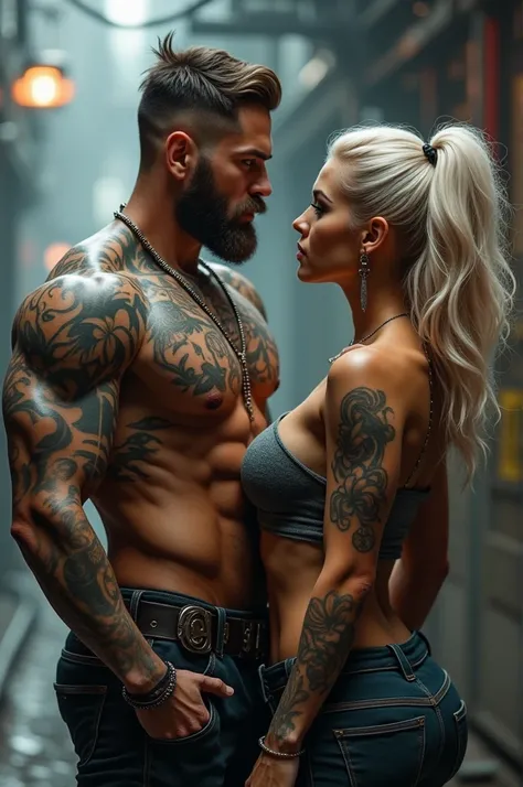 Man 180cm tall, trained, Upper body tattooed, brown beard, Woman 165cm tall, normal figure with a little more bust and ass, Right forearm tattooed, white blonde medium length hair with brown roots as a pair in cyberpunk style 