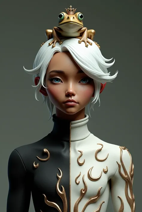 A realistic 3D character with white hair parted in the middle with a frog with a crown on top of his head a chest with flame details on the right arm white color on the left black color brown skin thin face male character 