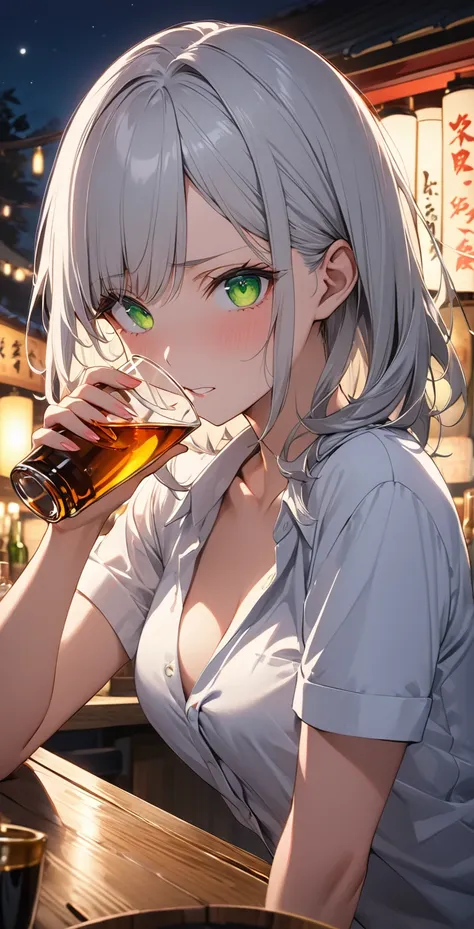 Ultra high resolution, rich colors, perfect image, top quality, detailed image, beautiful single woman, glowing skin, skin and clothing texture, delicate eyes, night, izakaya, short sleeve shirt, pants, drinking alcohol, drunk expression, long silver hair,...