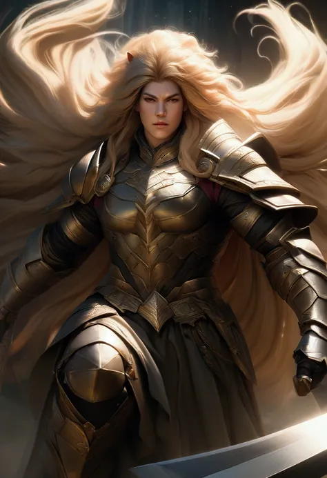 a humanoid hero with lions face,extremely detailed face and head, large mane, skin covered in hair, muscular body, heavy armor, large sword on back,realistic, photorealistic, 8k, best quality, cinematic lighting, dramatic pose, epic fantasy scene