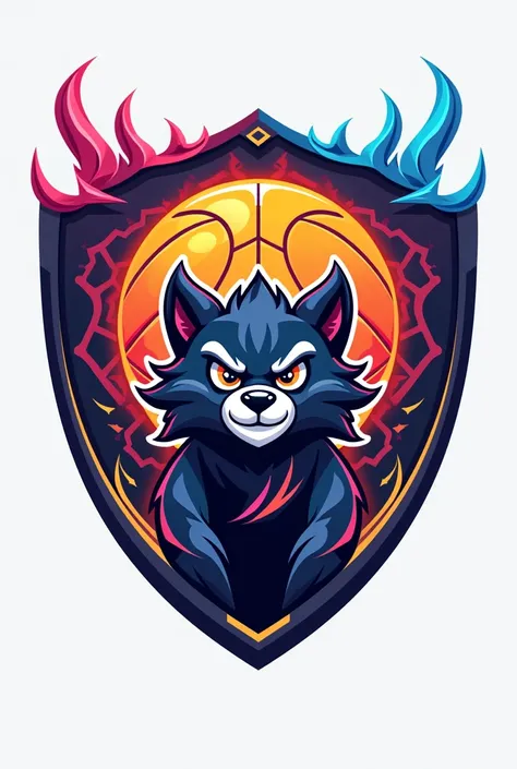 Create me a unique creative shield logo that is fused with micro sports soccer volleyball and basketball with a mascot with designs 