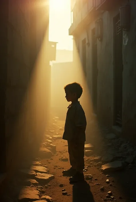 high angle shot from above, photo of a child in palestine, shot with kodak portra 160 film, silhouette lighting, and lighting from the side, sunstars, vintage color grading