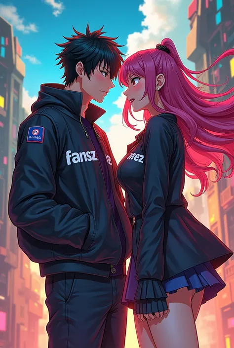 two anime characters, one man and one woman, the man is wearing a jacket that says RANSZ 