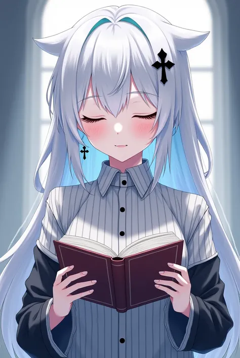 An anime character with white hair with the tips of his hair stained blue, closed eyes with white eyelashes and fair skin holding a book in front of her wearing a striped shirt with black and white striped sleeves, black cross shaped earrings, hair stained...