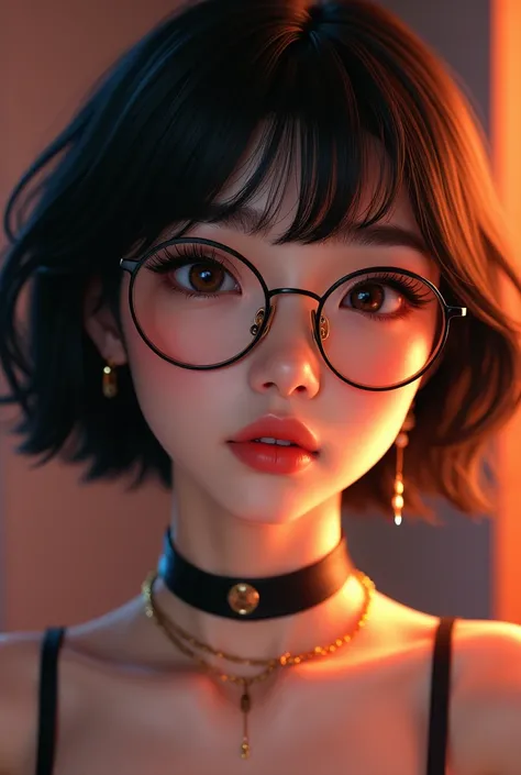 1girl, wearing spectacle,beautiful detailed eyes, beautiful detailed lips, extremely detailed eyes and face, long eyelashes, korean, black short hair, leather garter, cute, adorable, fashionable, aesthetic, high quality, 8k, high resolution, photorealistic...