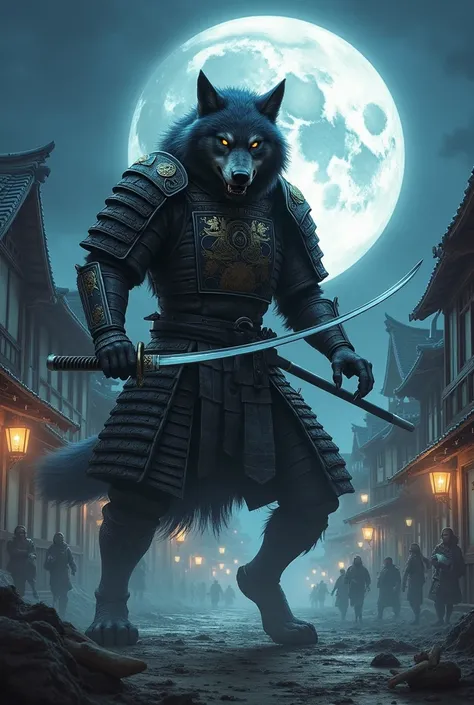 werewolf samurai attacking a village on a full moon

