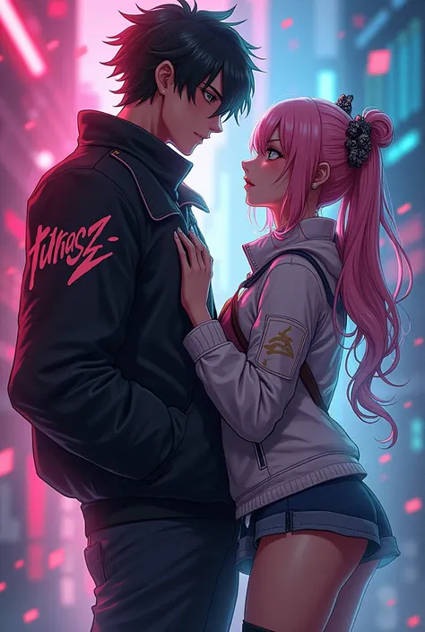 two anime characters, one man and one woman, the man is wearing a jacket that says RANSZ 