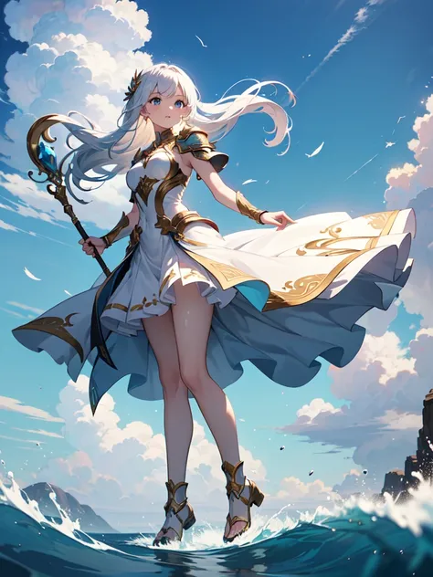 (((masterpiece, best quality, high detailed, 16k))) (1girl) A graceful and ethereal goddess with long, flowing white hair that moves as if caught in a perpetual breeze, and soft sky-blue eyes. She wears a light, airy armor that seems to be made of swirling...