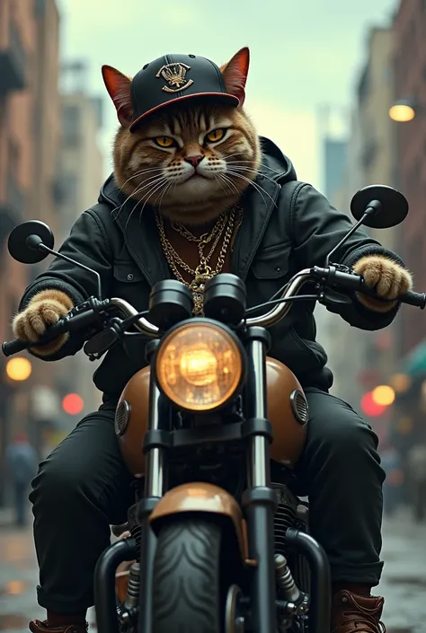 American Shorthair　Rapper　A little evil　hat　accessories　Riding on motorcycle　Side view