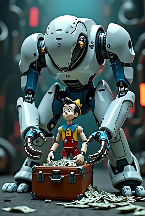 White and blue robot trapping the Pinocchio character with a suitcase of money