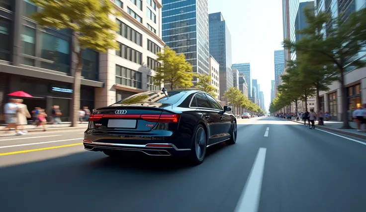 (masterpiece, best quality:1.2), (Audi A8 driving through a bustling city street during the day:1.3), (modern cityscape with tall buildings and traffic:1.2), (clear, sunny weather with natural daylight:1.2), (dynamic motion of the car captured from a rear ...