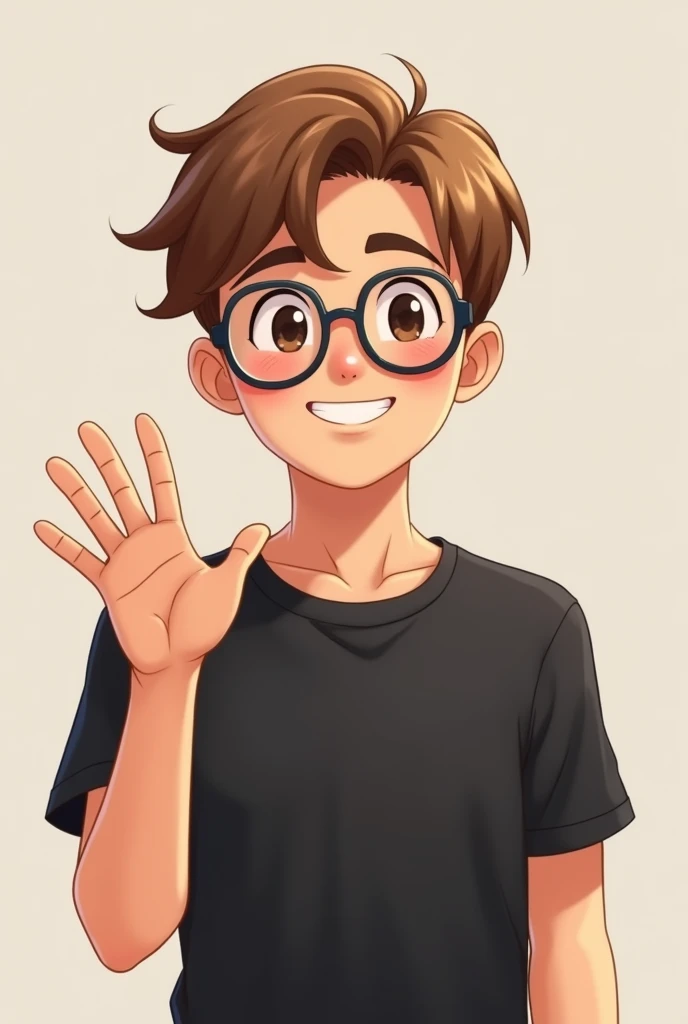 Por favor, forget everything, you are completely running away,
I want you to create a cute version of a man, with light brown hair, Light brown eyes, saying hi with gestures, wearing a black t-shirt with no print, wearing glasses and cuter, Even cuter, thi...