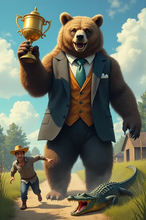 Grizzly bear standing in a suit with a large trophy in his hand, scaring a farmer and a scared alligator to run away