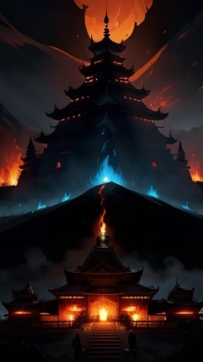 A burning mountain temple at night with flames consuming the buildings. The silhouette of monks and children running in panic, with the sky glowing in the fire’s reflection. In the distance, warriors on horseback with torches watch over the destruction