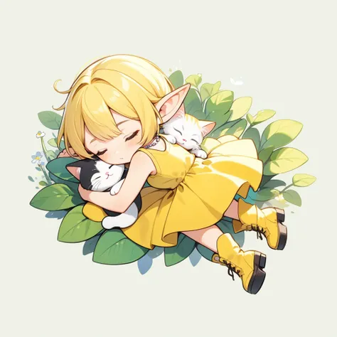 1 fairy elven girl, solo, full body, sleeping with a cat, blonde pixie cut, drooping thin Pointed Ears, silver necklace, yellow camisole, yellow mini skirt, yellow short boots, simple background